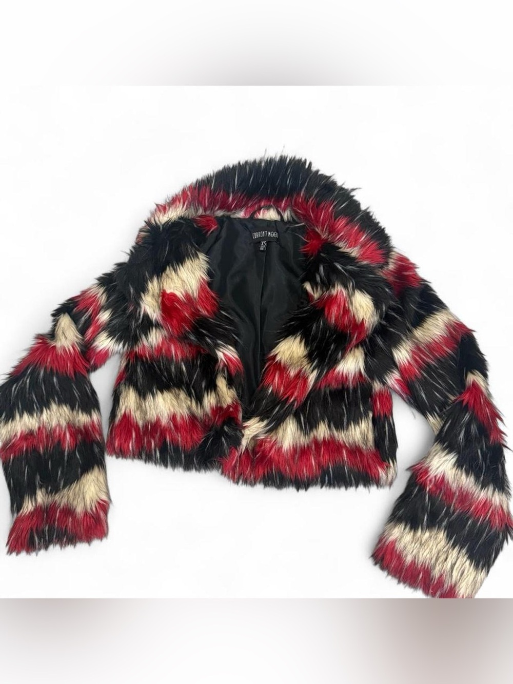 Doll’s Kill - Current Mood Women's Faux Fur Stripe Jacket - Black/Red/Cream